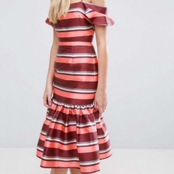 ASOS Pink, Dark Mauve, White & Grey Striped Ruffle Dress - Picture 4 of 12